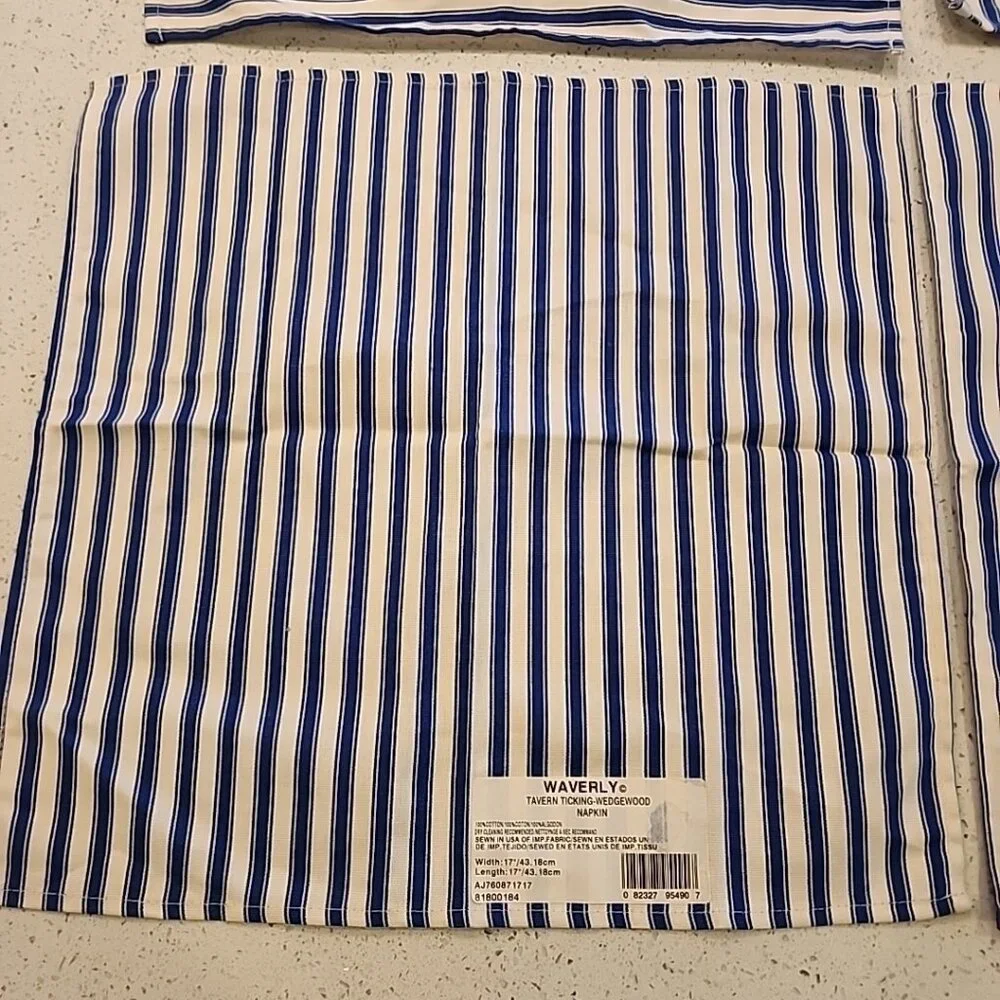 NWT Waverly Tavern Ticking Wedgewood Cloth Napkins Blue Stripes Set Of 4 Cotton
